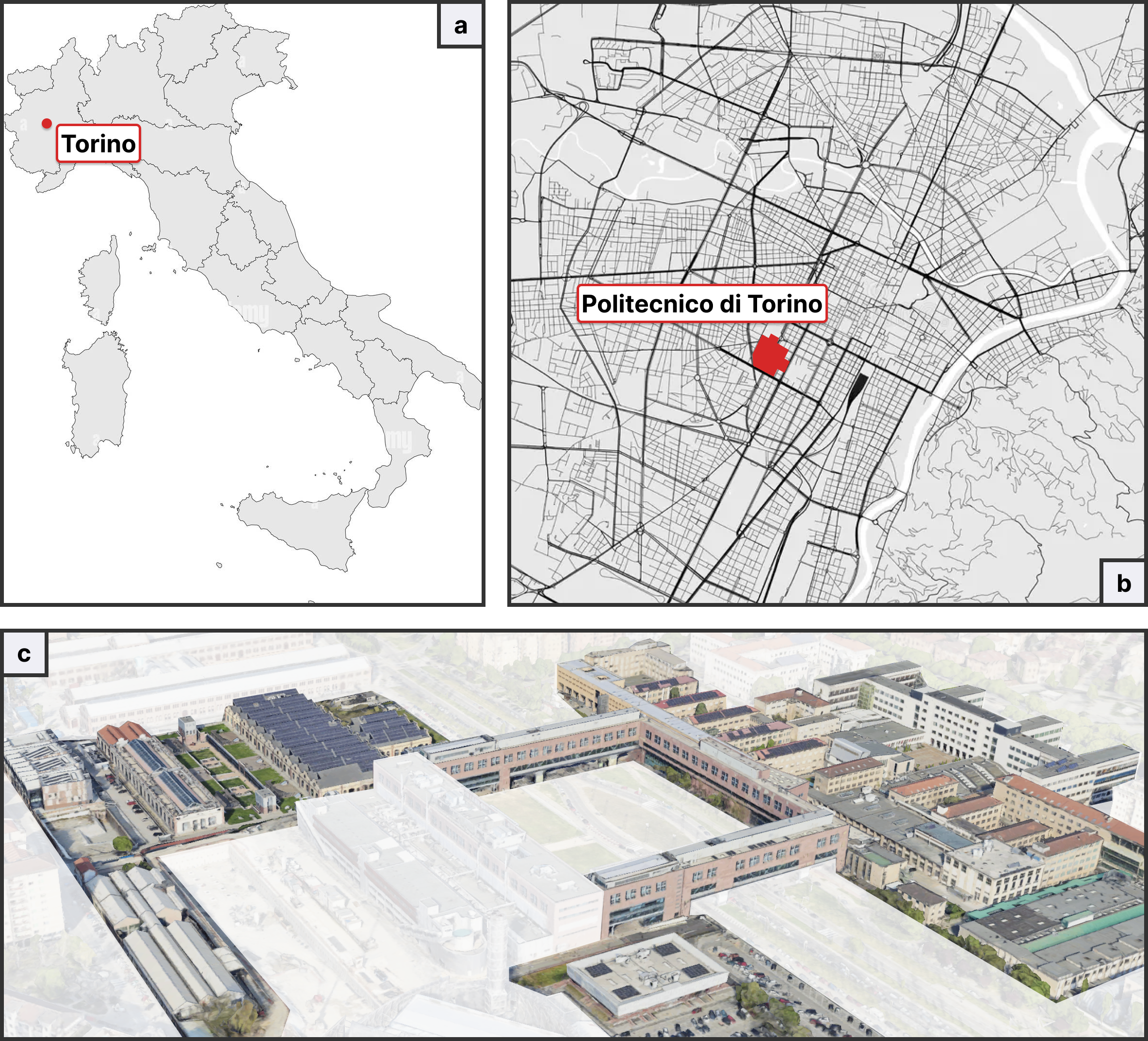 Geographical location of PoliTo campus and aerial view of the main buildings